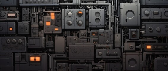 Obraz premium A dark, intricate industrial panel featuring complex wiring and numerous control units, showcasing advanced engineering and technology..