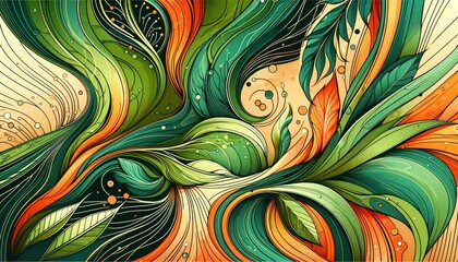 Abstract illustration with vibrant green, orange, and yellow swirls and leaf-like patterns, creating a dynamic, nature-inspired design.