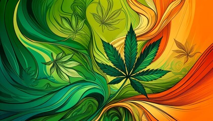 Abstract illustration with vibrant green, orange, and yellow swirls, featuring prominent cannabis leaves, creating a dynamic, nature-inspired design.