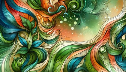 Abstract illustration with vibrant green, orange, and yellow swirls and leaf-like patterns, creating a dynamic, nature-inspired design.