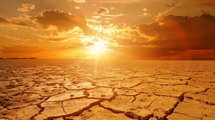 A desolate desert landscape with a sun setting in the background