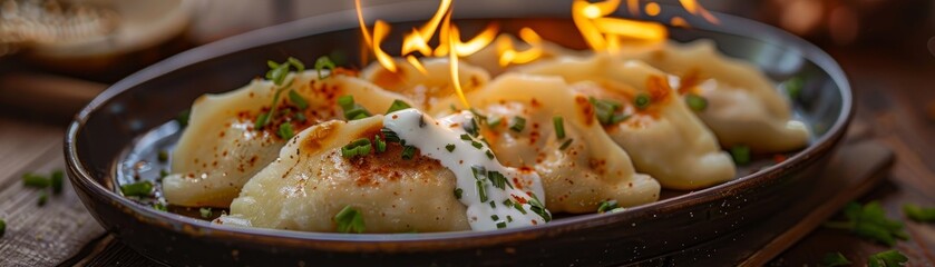 Pierogi, stuffed with potatoes and cheese, served with sour cream, Polish folk festival