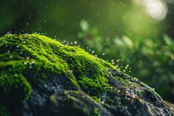 Lush, green moss covering a rock, wet from rain, located in a serene natural setting with rain visibly falling around it.