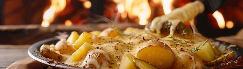 Raclette, melted cheese scraped onto potatoes and pickles, cozy Swiss mountain lodge