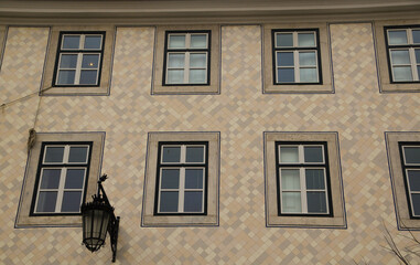 Building facade with windows typical of Lisbon, Portugal