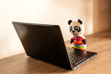 A cute puppet depicting a dressed panda in front of an open laptop computer, stares attentively and...