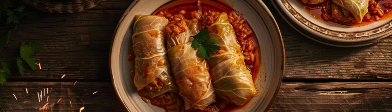 Romanian sarmale, cabbage rolls filled with spiced meat and rice, traditional ceramic plate, rustic wooden table with vintage eastern European feel