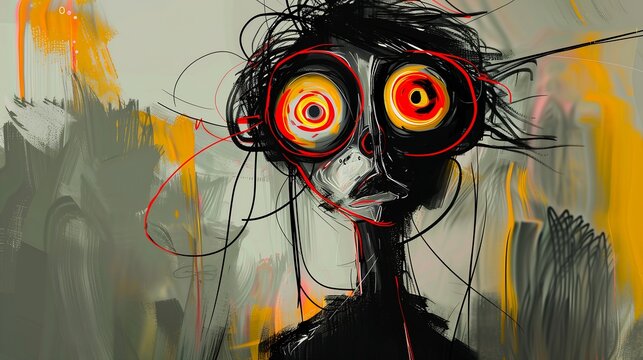 man face red eyes illustration huge eyed tones black background anorexic figure bright interactive craziness unconnected ecstatic expression