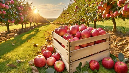 Autumn Harvest: Wooden Crate Overflowing with Red Apples in Orchard Setting