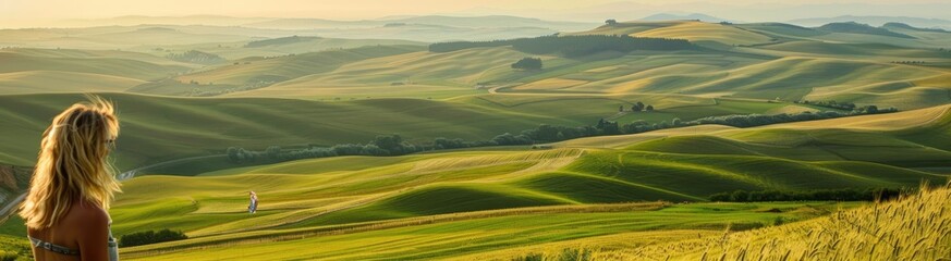 Woman Admiring Green Rolling Hills Landscape.