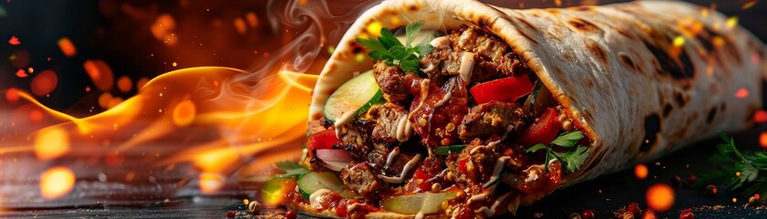 Shawarma wrap, spiced meat with vegetables and sauce, wrapped in a soft flatbread, vibrant Middle Eastern market