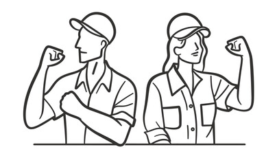 Job-hunting men and women doing fist pump, success, employment, career, opportunities, achievement, excitement, line art vector illustration, modern line art.