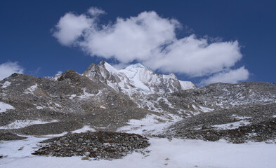 Panoramic view on high altitude valley as seen on descent from Larkya La pass to Bimthang village,...