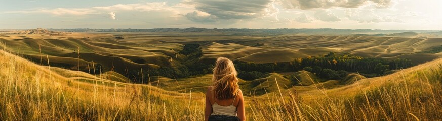 A woman with long blonde hair stands in a field, admiring the expansive, green rolling hills under a clear sky..