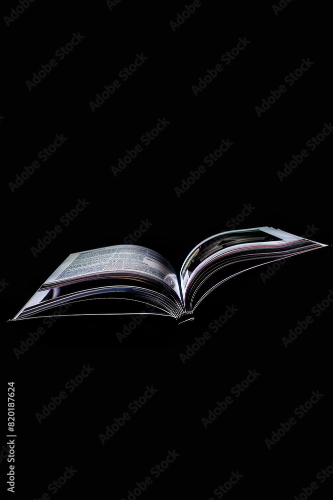 Poster open book isolated on a black background - close-up view of an open book lying flat, isolated on a c