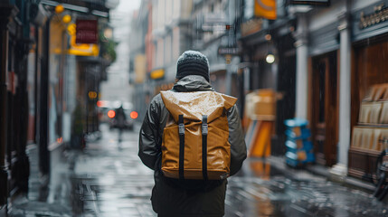A courier delivering parcels in a rainy urban setting wearing waterproof gear.