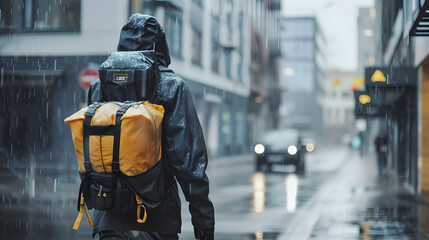 A courier delivering parcels in a rainy urban setting wearing waterproof gear.