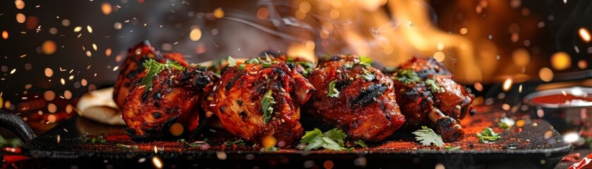 Tandoori chicken, marinated in spices and grilled, served with naan, lively Indian wedding celebration