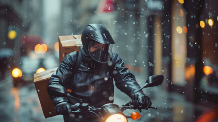 A courier delivering parcels in a rainy urban setting wearing waterproof gear.