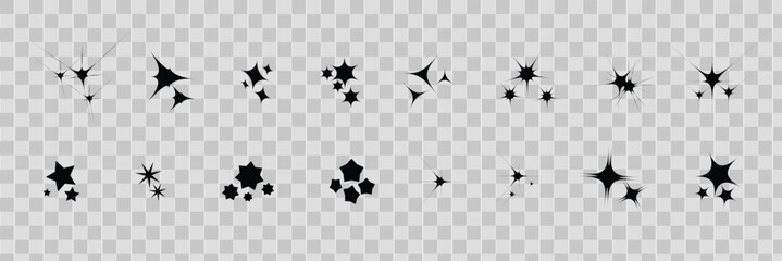 Naklejka premium Sparkles, stars and bursts icons, twinkling stars. Vector set of different black sparkles icons on transparent background. 