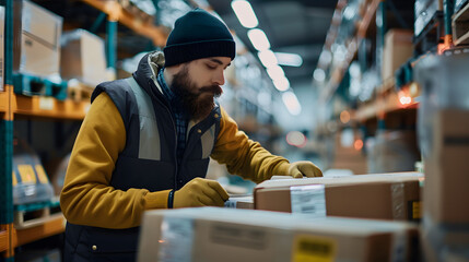 A courier sorting packages in a local depot.