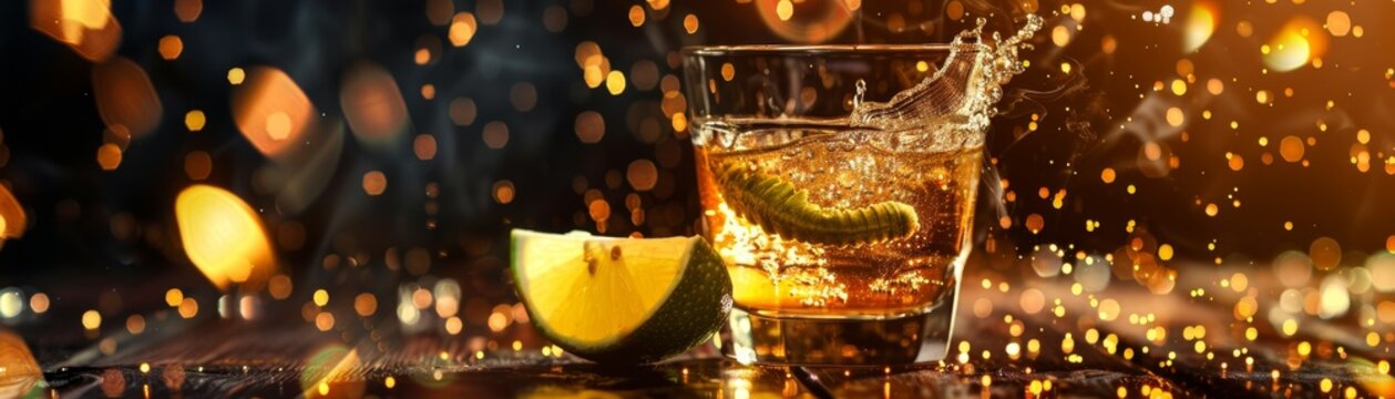 Tequila with a worm, shot glass ready, festive Mexican cantina