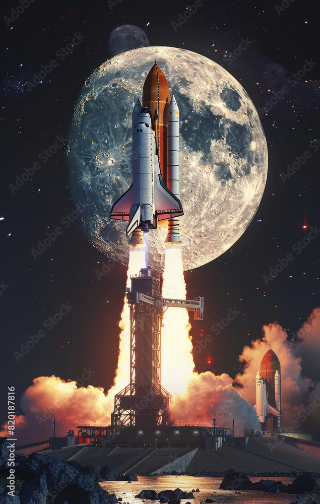 Poster space shuttle launch with giant moon background - a digitally created image portraying a space shutt
