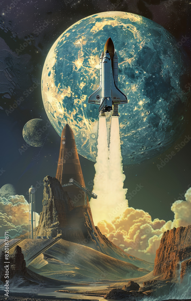 Poster shuttle lift-off from exotic planet surface - an imaginative portrayal of a shuttle launching from a