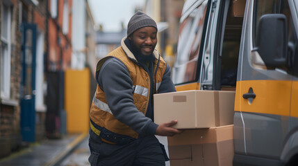 A delivery driver loading boxes into a van.