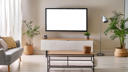 Modern TV with white blank screen for mockup in interior