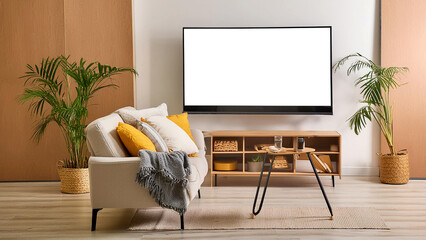 Modern TV with white blank screen for mockup in interior
