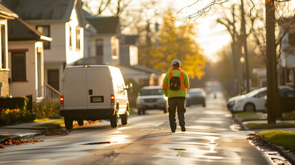 A delivery driver navigating through a residential neighborhood.