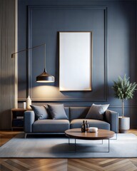 A living room with a large mirror on the wall and a couch in the foreground