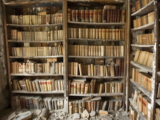 Abandoned Vintage Library with Dusty, Aged Wooden Shelves and Worn Books Evoking Nostalgia and History | Dilapidated Interiors with Earthy Tones and Textures | Antique Knowledge and Stories Preserved