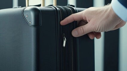 hand hold a green plastic travel suitcase by the handle. Tourism, vacation concept