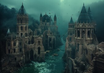 Fototapeta premium Gothic Underwater Ruins of an Ancient Lost City with Turquoise Waters and Enigmatic Structures in a Surreal Fantasy Landscape