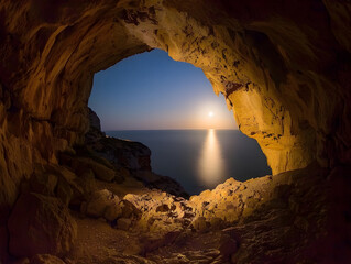 Stunning Full Moon Ocean View Framed by Cave Opening with Reflective Path on Calm Water Tranquil Night Scene with Golden Cave Interior and Rugged Rock Texture for Nature and Exploration Themes