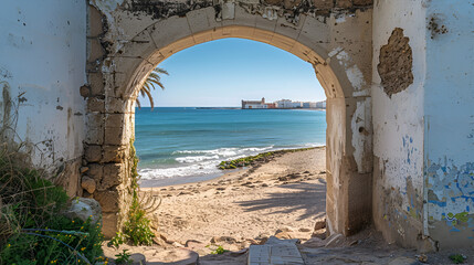 View of the beach through the Portillo del Sur, a gate of the town wall with propped arch , Rota, Cadiz, Andalusia, Spain