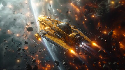 spaceship flying space filled lots rocks debris gold black graphics thin horizontal nebula screen embers augmentation galleon promotional