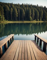 Tranquil mountain lake reflecting pine trees on a clear day, with a wooden pier leading to calm...