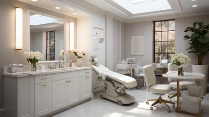 Sleek dental office with white chair in bright, sterile room for a modern, professional setting