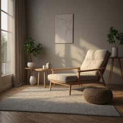 illustration a minimalist living room. A blank picture frame hangs on the wall above the armchair, ready for customization.