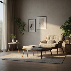 illustration a minimalist living room. A blank picture frame hangs on the wall above the armchair, ready for customization.	