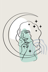 Card or poster with one single line drawing of female face and abstract shapes. Monochrome celestial minimalist portrait. Modern trendy fashion sketch of woman figure and moon