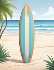  A surfboard standing upright on a sandy beach