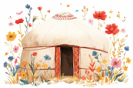An illustration of yurt in watercolor style.