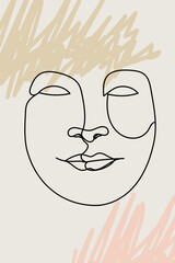Card or poster with one single line drawing of female face and abstract shapes. Monochrome minimalist portrait. Modern trendy fashion sketch of woman head