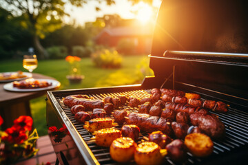 A grill with sausages and potatoes cooking on it, preparing a delicious meal. The image showcases...