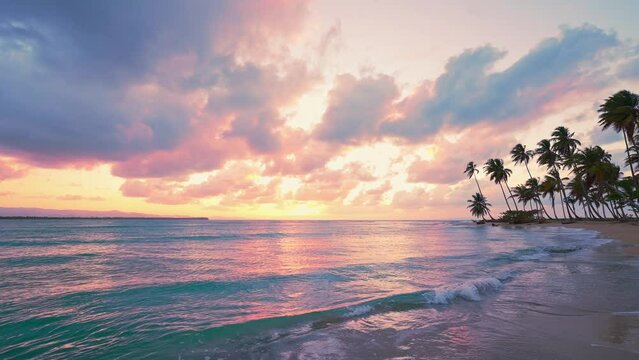 Summer sunset on a wild palm beach. Island in the Atlantic Ocean. Waves on the sand of the seashore. Natural tropical landscape with palm beach. Summer evening on a sea island beach. Twilight.