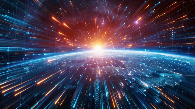 The digital globe spins out of control, global network and connectivity across Earth. Data transfer occurs at breakneck speeds, fueling a frenzy of business transactions